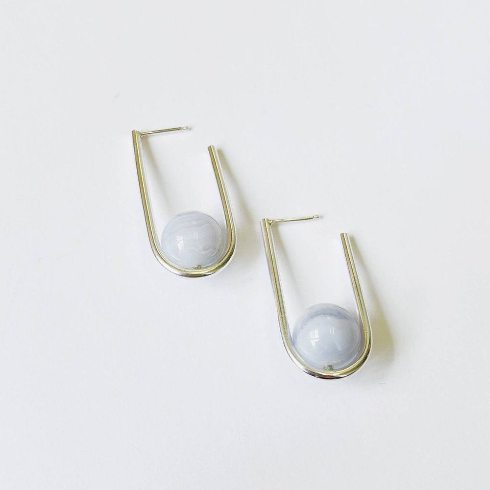 Kara Yoo - Balance Earrings : Blue Lace Agate Beads
